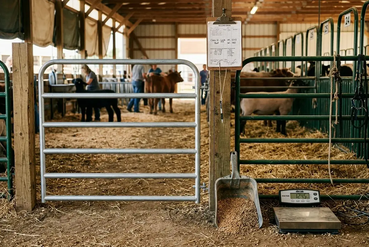 Livestock show-ring scene with scale, feed, and record-book worksheet